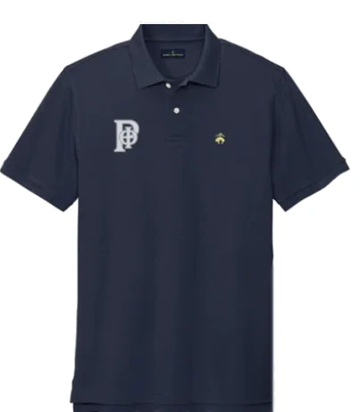 Navy Brooks Brothers piqué polo with the club monogram embroidered in white on the left chest