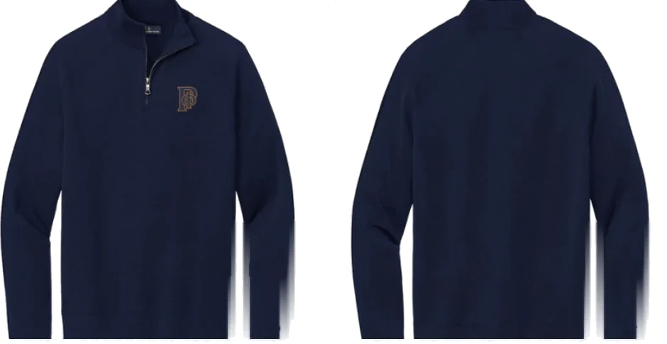 Navy Brooks Brothers cotton stretch quarter zip with the monogram embroidered in gold on the left chest, front and back