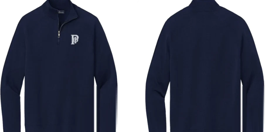 The same navy quarter zip with the monogram embroidered in white, front and back